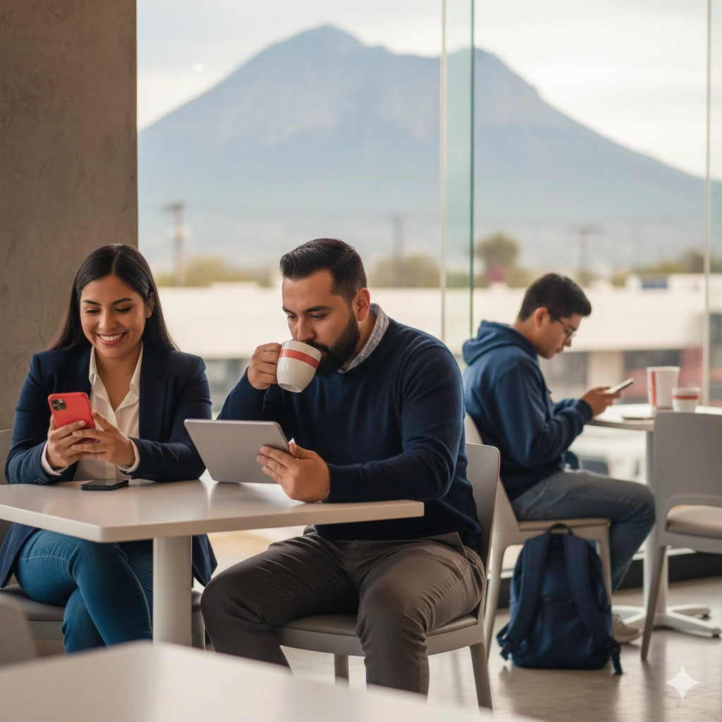 Profesionales en Monterrey revisando diseño web responsivo en tablet y smartphone en una cafetería moderna